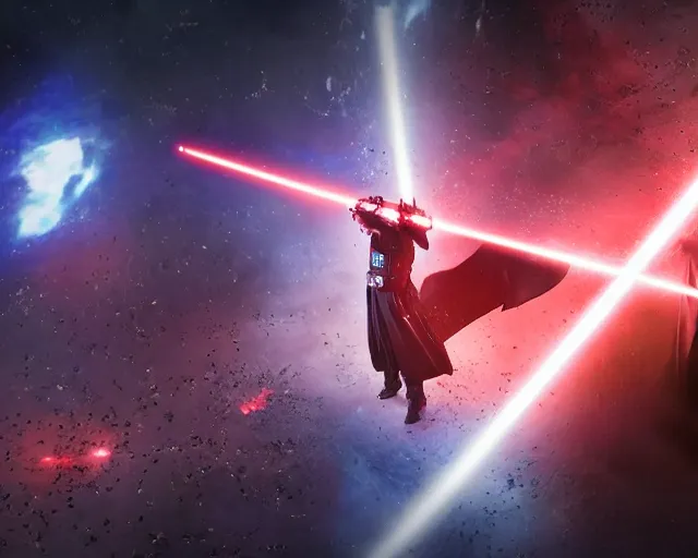 Image similar to 4 k hd, high resolution photograph of darth vader fighting thanos in octagon, shot with sigma f / 4. 2, 2 5 0 mm sharp lens, wide shot, high level texture render