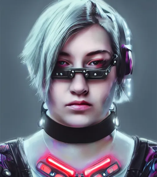 Image similar to detailed realistic female character cyberpunk wearing thick large collar around neck, realistic, art, beautiful, 4K, collar, choker, collar around neck, punk, artstation, detailed, female, woman, choker, cyberpunk, neon, punk, collar, choker, collar around neck, thick collar, tight around neck, punk,