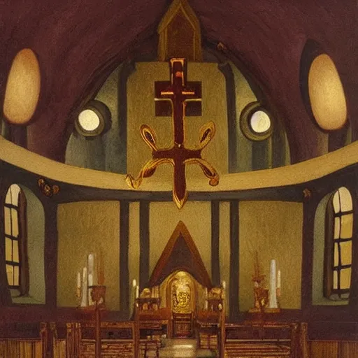 Prompt: golden goat with large horns inside a church with large glowing cross, painted by Quint Buchholz and Carl Gustav Carus