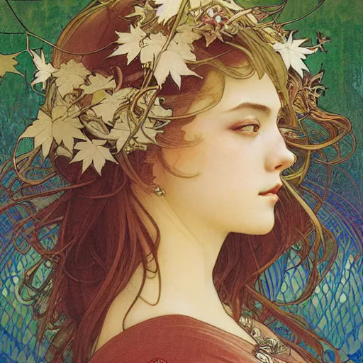 Prompt: realistic detailed face portrait of a beautiful young queen of Japanese Maple trees by Alphonse Mucha, Ayami Kojima, Amano, Greg Hildebrandt, and Mark Brooks, Art Nouveau, Neo-Gothic, gothic, deep rich autumn colors