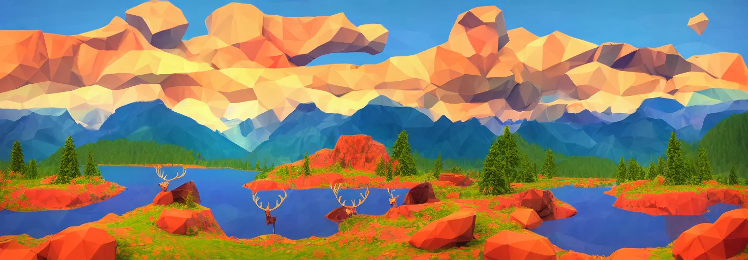 Prompt: super detailed color lowpoly art, northern sunset with rocks on front, lake in the middle of perspective and mountains at background, graphic reindeers in random points, unreal engine, david hockney color palette, 3d render, lowpoly, colorful, digital art