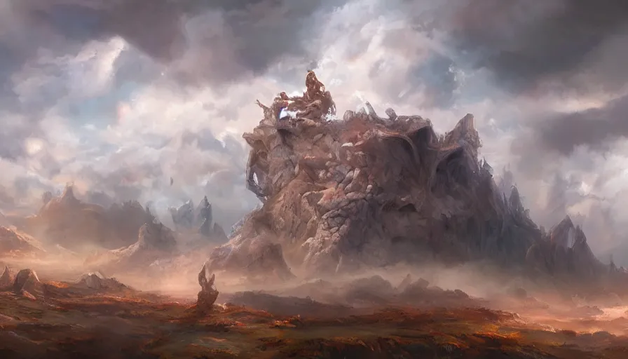 Prompt: excellent painted deamon in a surreal landscape in another dimension with fluffy clouds, painted by Hans Fredrik Gude, Greg Rutkowksi, Craig Mullins and Artgerm, concept art 2022, 4k, ultra realistic highly detailed oil painting-n9