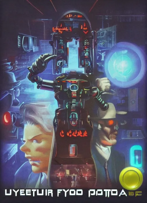 Image similar to retro video game box art for a game about cybernetic ghosts and paranormal noir