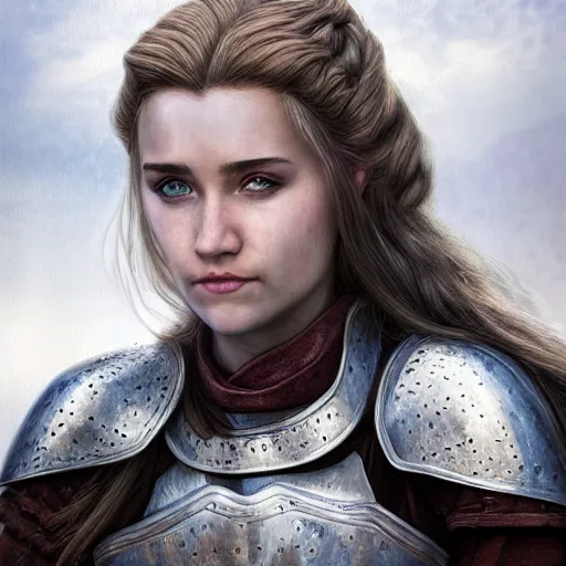 Prompt: head and shoulders portrait of a female knight, breastplate, game of thrones, by artgerm, face detail, extremely detailed, photo