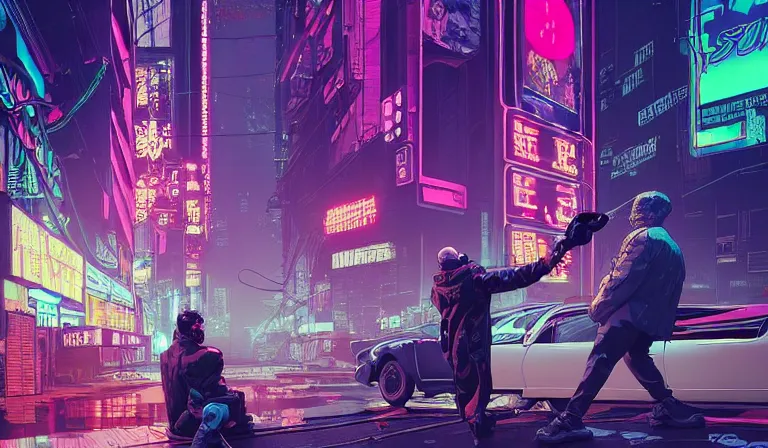 Prompt: cyborg feeding electric pigeons in front of a neon church, cyberpunk, neon noir, by Josan Gonzalez and Tomer Hanuka and Geof Darrow and Brad Rigney and Greg Rutkowski and Moebius,highly detailed, UHD, 8K, Ghost in the shell, Blade Runner, wet street, Trending on artstation, bokh, dof