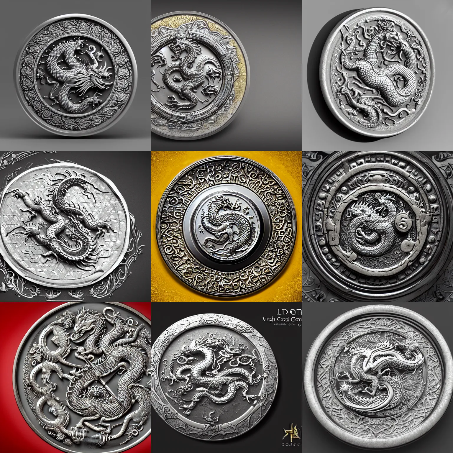 Prompt: Old silver coin with many ornaments from the Middle Ages, golden dragon in the middle of the coin, highly detailed, concept art, 4k, artstation, cgsociety, octane render.