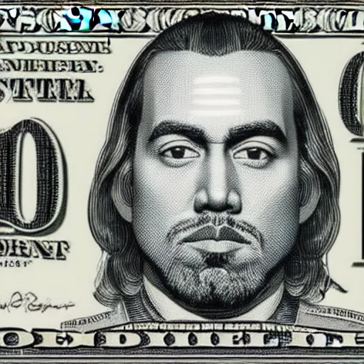 Prompt: “U.S 100 dollar bill with Kanye West as the face”