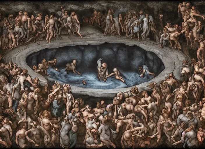 Image similar to crowd of people, water portal to hell located in heaven, photorealistic, rule of thirds, 4 k, dark bright effect, alvah angelrune, michelangelo, version 3