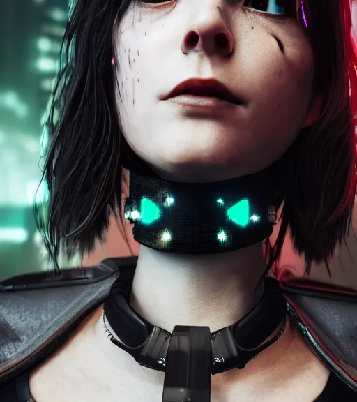 Image similar to detailed realistic female character cyberpunk wearing thick technological collar around neck, realistic, art, beautiful, 4K, collar, choker, collar around neck, punk, artstation, detailed, female, woman, choker, cyberpunk, neon, punk, collar, choker, collar around neck, thick collar, tight around neck, punk,