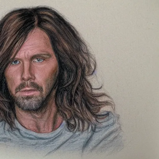 Prompt: colored pencil sketch of a Canadian singer-songwriter, 44, with long brown hair and sad eyes