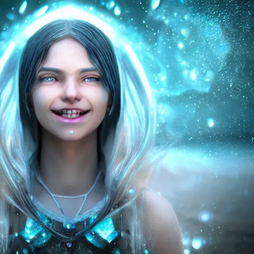 Image similar to Teenage female Mage, outdoors lighting, astral background, symmetrical face and body, confident, smile, detailed moisture, detailed droplets, detailed intricate hair strands, DSLR, ray tracing reflections, eye reflections, focused, unreal engine 5, vfx, post processing, post production, Arcane Style, 8k