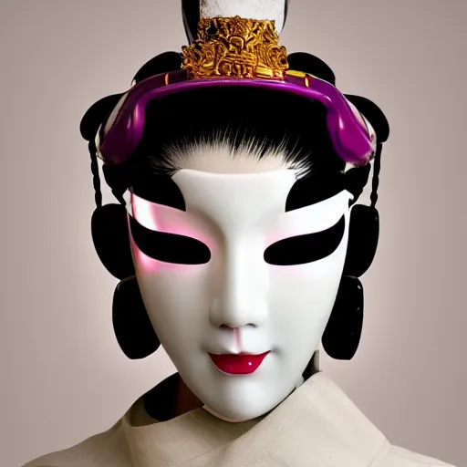 Prompt: an ornate porcelain geisha mask, reflective textures, cyberpunk glow, studio light