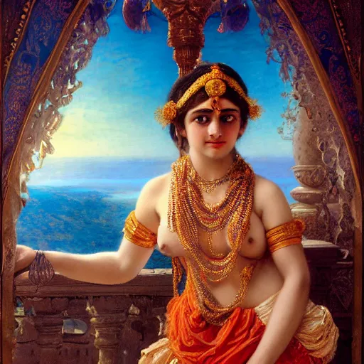 Prompt: detailed full body of hindu traditional girl blindfolded high - tech vr headset in baroque style, girl graceful,, painting by gaston bussiere, craig mullins, j. c. leyendecker, lights, art by ernst haeckel, john william godward, hammershøi,,