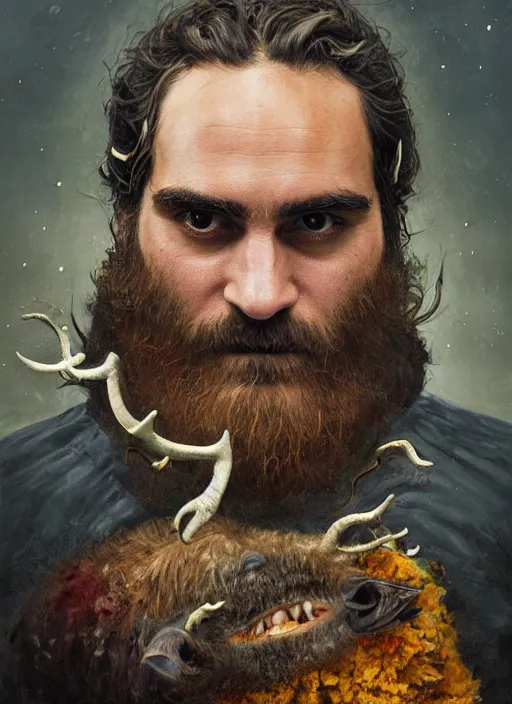 Image similar to a hyper detailed painting of joaquin phoenix surrounded by animals, cow horns, pig nose, sheep wool, chicken feather armor, horror, by anna podedworna, by miklos ligeti, by diego maricato, by taran fiddler, by antonino truisi, by chris reddie, by jinsung lim, trending on artstation