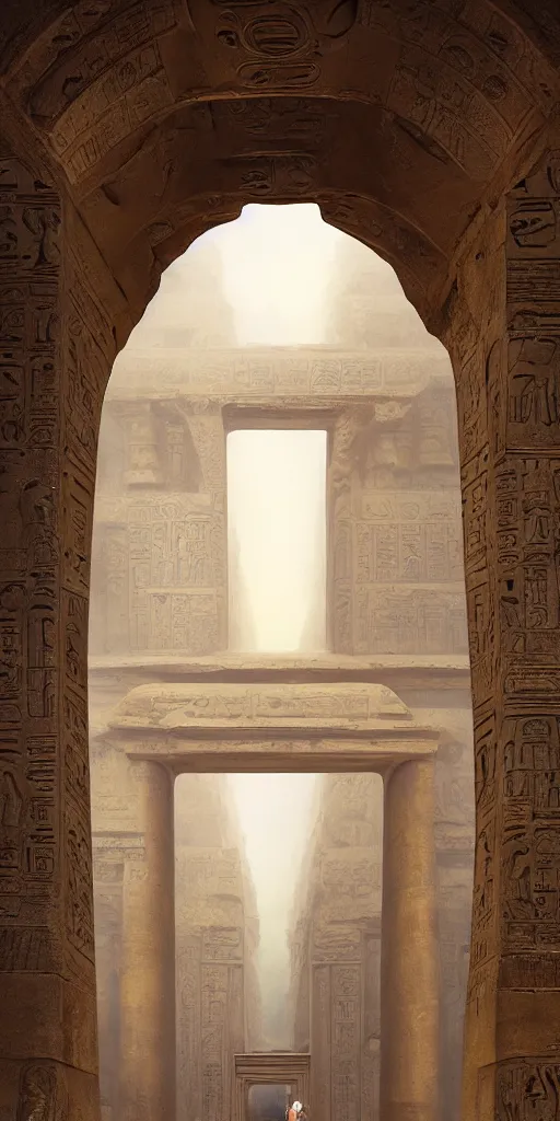 Prompt: stream running between massive ornately carved ancient egyptian temple doorway, cartouche, lush palms, magical atmosphere, by renato muccillo and andreas rocha, trending on artstation