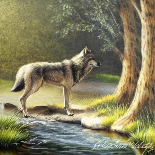 Image similar to A majestic and beautiful wild wolf out by a river with its head down taking a drink from the stream while it's ears are up and alert listening for danger with trees behind it, set in warm spring where it is sunny and windy, award winning, oil painting, 8k