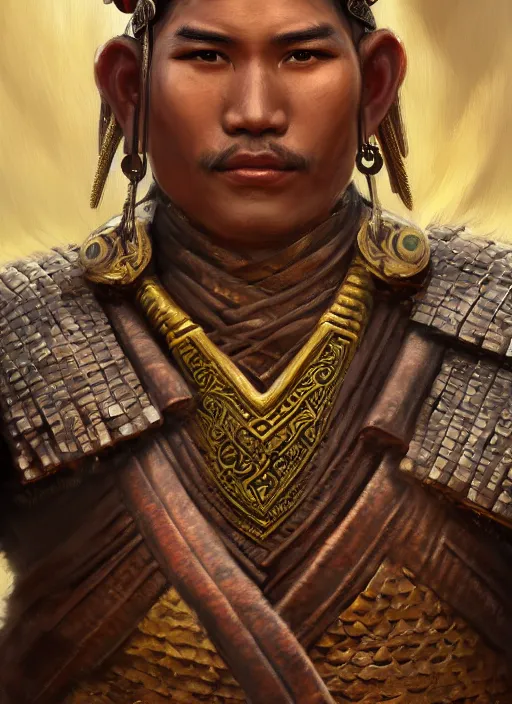 Image similar to smart tai warlord of lanna, closeup portrait, without beard and mustache, historical hero, ethnic group, tai costume, thai transitional bronze headdress, intricate, with leather armor cross on bare chest, elegant, loin cloth, highly detailed, oil painting, artstation, concept art, matte, sharp focus, illustration, hearthstone, art by earl norem