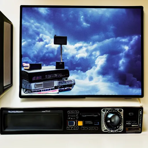 Image similar to a professional studio photograph of a 90s television and VHS combo playing a video (((((((((((((((of clouds))))))))))))))), key light, 50mm, shallow depth of field, no artefacts