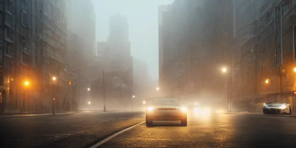 Prompt: parked Hayabusa on deserted city street, fog, rain, volumetric lighting, beautiful, golden hour, sharp focus, ultra detailed, cgsociety