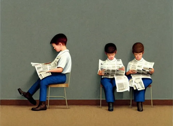 Image similar to a very boring day in school, kids wearing identical clothes reading newspapers, painting by quint buchholz and ray caesar, muted colors, gray, dull, boring, low energy, pale blue faces, very detailed