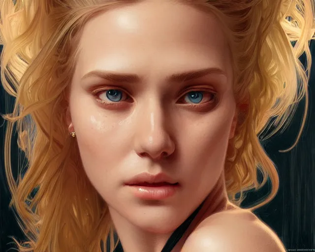 Image similar to portrait of blonde girl with mutiple heads, jump suit, vivid eyes, real life skin, intricate, elegant, highly detailed, artstation, concept art, smooth, sharp focus, art by artgerm and greg rutkowski and alphonse mucha