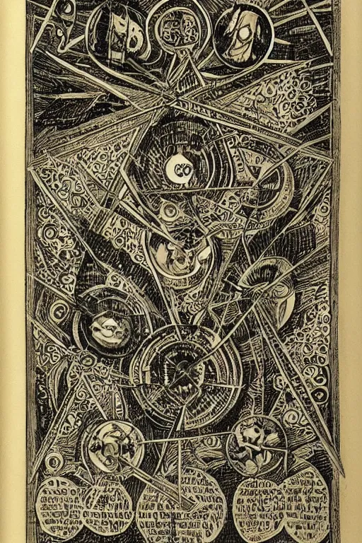 Image similar to Libre Ivonis (Book of Eibon), Page 23: incantation and sigil, a hyperdetailed alchemical scene with symbols, academic art. Intricate