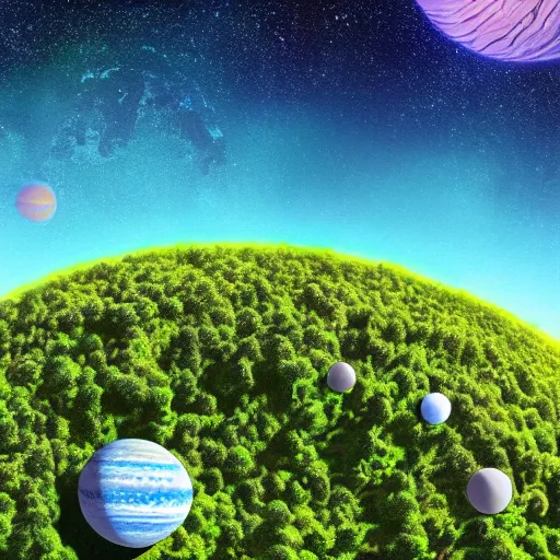 Prompt: paradise world planet view from space, lush jungles, white beaches, a few shuttles coming to a planet, sci fi, space, vibrant colors, stylized