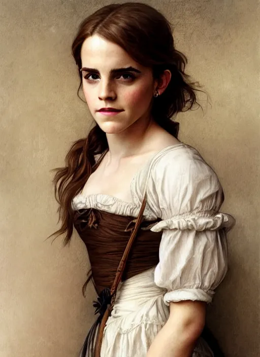 Image similar to full length portrait emma watson as 17th century country girl, shining, 8k highly detailed, sharp focus, illustration, art by artgerm, mucha, bouguereau