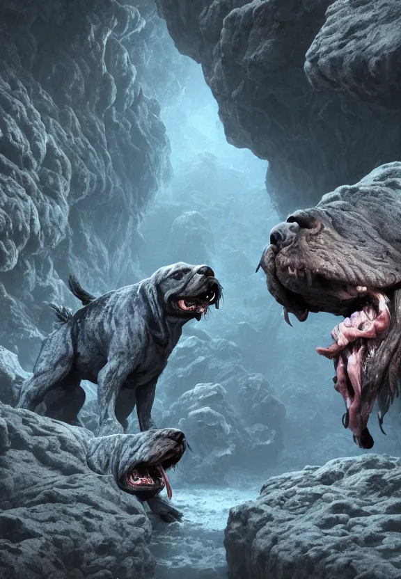 Prompt: three lovecraftian rabies mastiffs attacking inside a claustrophobic dark blue canyon of stone, foaming at the mouth, like ink in water, tapetum lucidum, monsters, digital art, greg rutkowski, junju ito, unreal engine, octane render, cinematic lighting, highly detailed