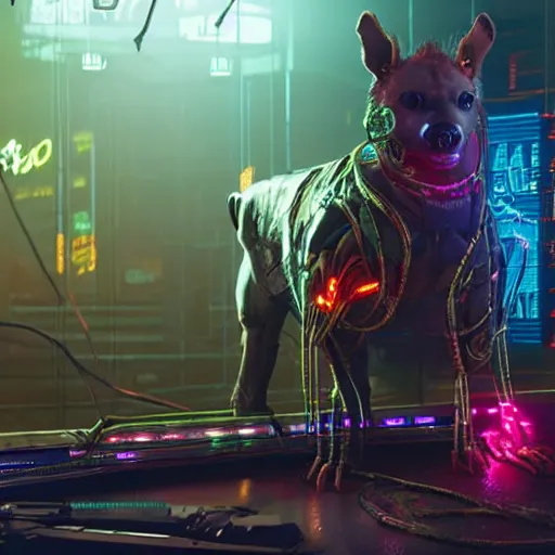 Image similar to cyborg hyena in cyberpunk 2 0 7 7, multiple wires and metal exposed, neon lights, volumetric lighting