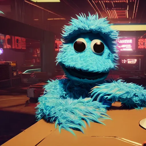 Image similar to cookie monster in cyberpunk 2 0 7 7 unreal engine 5 8 k hyperdetailed