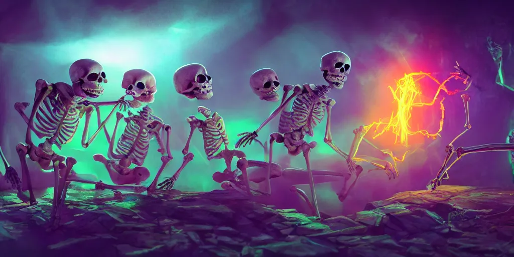 Image similar to skeletons, they are in front of a desk working on a new dark spell that is casting out flowing energy, colorful, flowing energy, light rays, medium shot, waist up, sharp, concept art, highly detailed, bloom, dramatic lighting, cinematic, by dreamworks