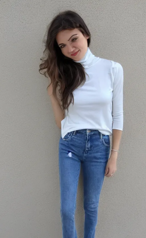 Prompt: Woman in White Sleeveless turtleneck t-shirt and jeans