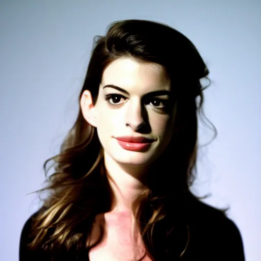 Prompt: backlit anne hathaway poses for a move still portrait for a 1980s thriller movie, color film, grainy
