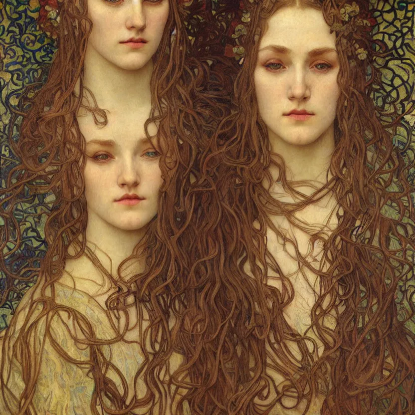 Image similar to detailed realistic beautiful young medieval queen face portrait by jean delville, alphonse mucha, vincent van gogh, and marco mazzoni, art nouveau, symbolist, visionary, gothic, pre - raphaelite