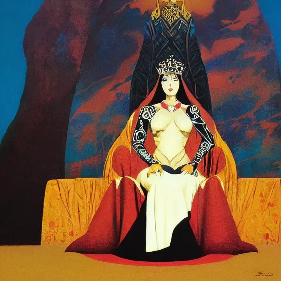 Image similar to an oil painting of a queen in a black funeral dress sitting on a throne, by bruce pennington, by ( eyvind earle ), nicholas roerich, by frank frazetta, by georgia o keeffe, by dean cornwell