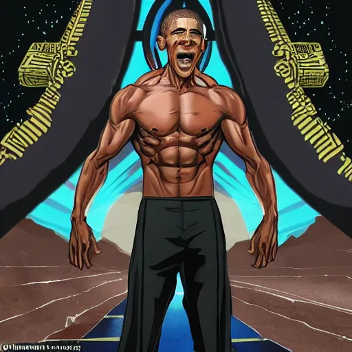 Image similar to muscular barrack obama ascends to godhood to defend the planet from aliens