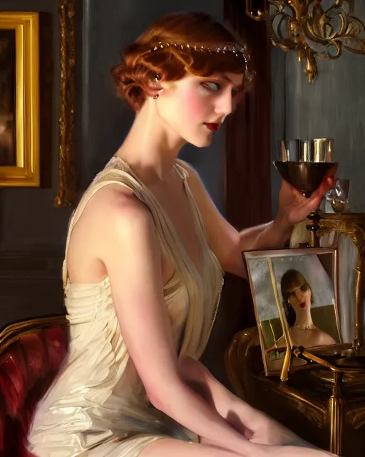 Image similar to daniel gerhartz and artgerm portrait digital realist painting of a 1 9 2 0 s beautiful woman at a party in a mansion, mansion interior in the background, unreal engine, hyper realism, realistic shading, cinematic composition, realistic render, octane render, detailed textures, photorealistic, ultrawide shot, 3 5 mm film