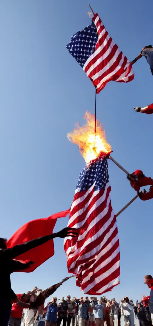 Image similar to american flag being burnt as a much larger USSR flag is being raised up instead, realistic, 4K, real,