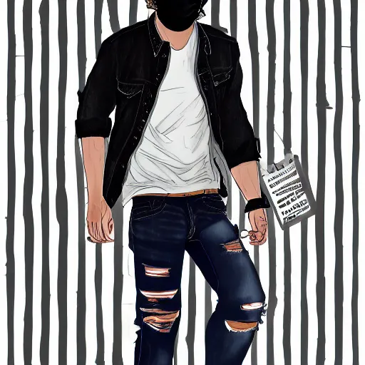 Prompt: professional sketch of a full-body view of a stylish young adult man with short hair wearing a black face mask, a striped long-sleeved shirt, and ripped jeans, high quality, HD, 8K, highly detailed, award-winning