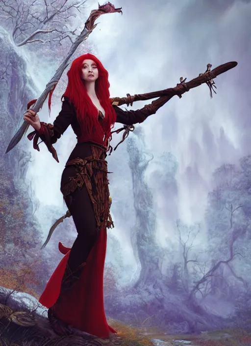 Prompt: beautiful elf witch red hair, holding a magic staff, d & d fantasy character, detailed matte painting, studio lighting, octane render, larry elmore michael whelan
