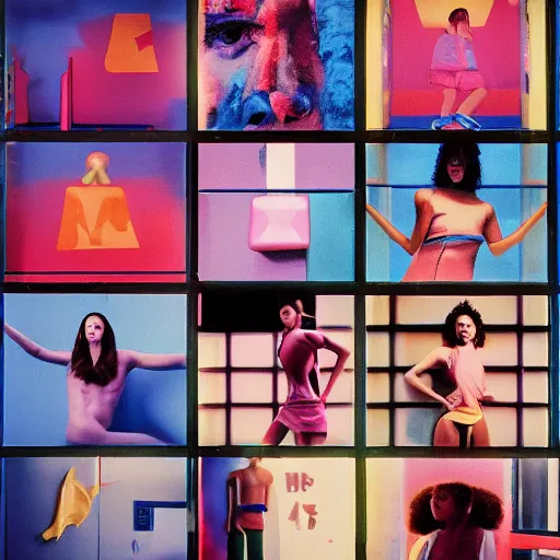 Image similar to nike campaign in the style of tyler mitchel, blue rays, redshift, wide shot, coloured polaroid photograph, pastel, kodak film, hyper real, stunning moody cinematography, by maripol, fallen angels by wong kar - wai, 3 5 mm, style of suspiria and neon demon, david hockney, detailed, film photography