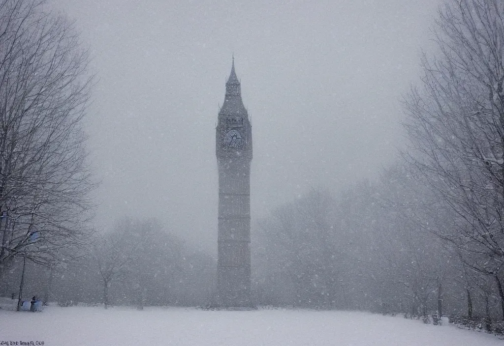 Image similar to big ben covered in snow in a snowy forest in the style of claude monet, digital art.