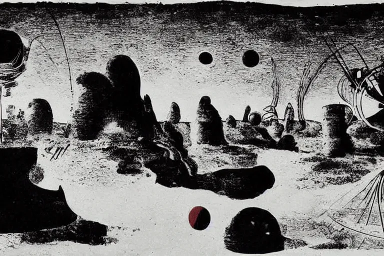 Image similar to a new afrofuturist ecotopia on a distant world. an award winning surrealist abstract landscape by salvador dali and william kentridge