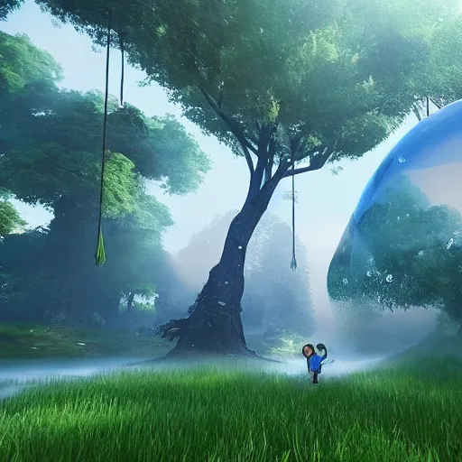 Prompt: one giant water bubble carrying the tree of live, make the water bubble slightly bigger. Change the ground to grass fantasy. Make background a giant elfen forrest. Keep the bubble with the tree the exact same way LOTR of style, unreal engine, 8K