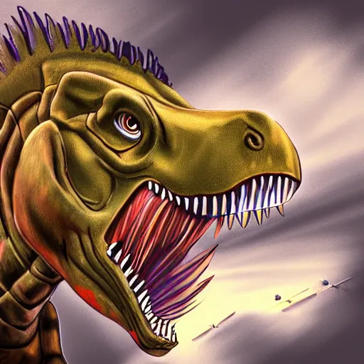 Prompt: a detailed digital art painting of a trex dinosaur smiling fighter jet plane