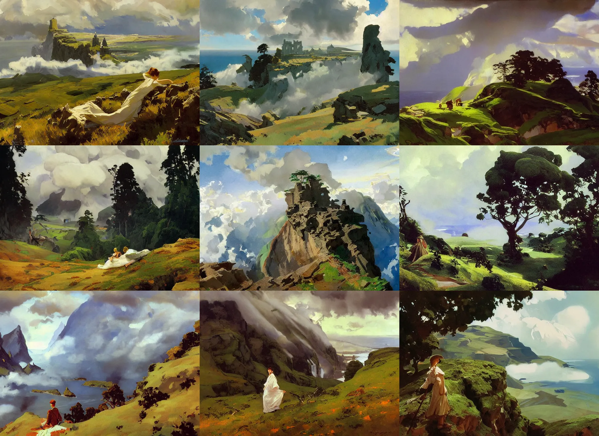 Prompt: painting by sargent and leyendecker and greg hildebrandt savrasov levitan polenov, studio ghibly style mononoke, huge old ruins, middle earth above the layered low clouds road between forests trees sunrise sea bay view faroe azores overcast storm masterpiece