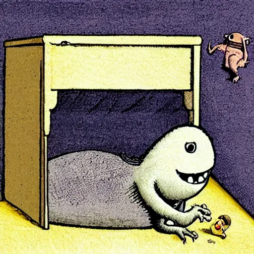 Image similar to monster hiding under the bed, illustration by Maurice Sendak