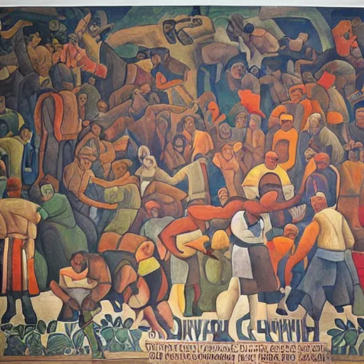 Prompt: the collective on stage : community and diversity, in the style of superflat art and eastern european socialist realism, highly detailed mural by diego rivera