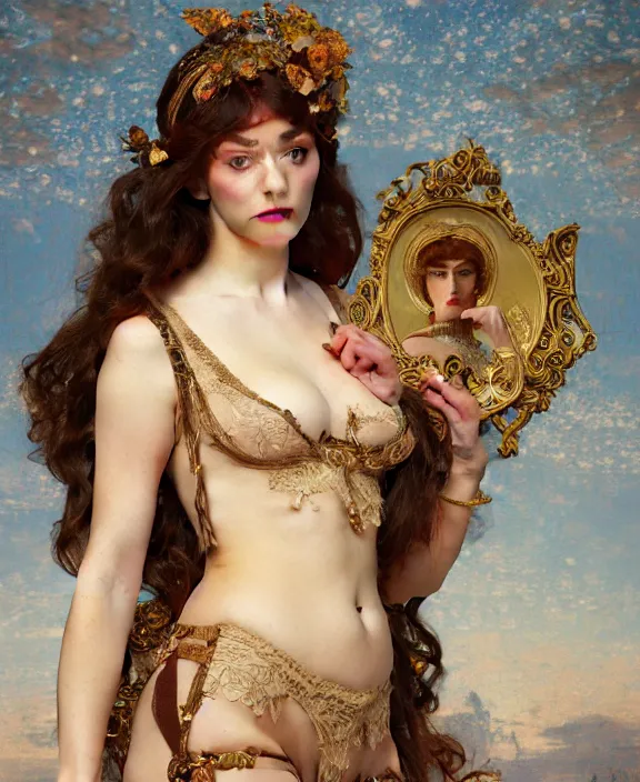 Image similar to a goddess, paint background, intricate and detailed lace set, suspenders, honey birdette, realistic renaissance portrait, highly detailed, digital painting, artstation, concept art, smooth, sharp focus, cinematic lighting, art by john collier, artgerm and greg rutkowski and alphonse mucha and jacques louis david and john william godward